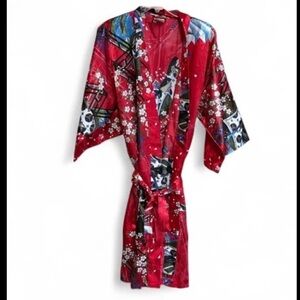 Vintage Kimono Robe One Size Red Japanese Sakura Print Tie Belt Mid Length